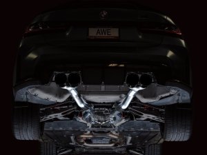 BMW M3 Performance Exhaust - AWE Tuning - Track Edition Cat-Back with quad 4.5-inch double-walled slash-cut tips; dual 3-inch configuration with X-pipe; valve simulators included - Diamond Black - `21-`27